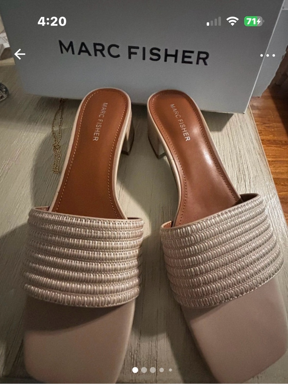 Marc Fisher Beige Woven Strap Block Heel Slides